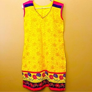 Yellow Pure Cotton embroidered with Sequin and Pearl Work Sleeveless Kurta M/L